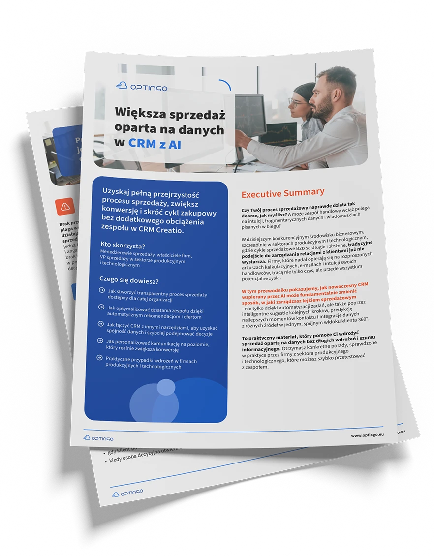 Optingo ebook cover with More data-driven sales in CRM with AI and a summary and benefits of automating the sales process.
