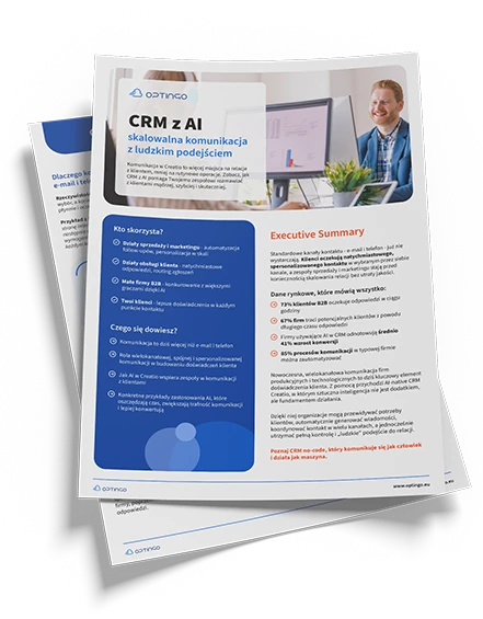 Ulotka informacyjna Optingo CRM z AI z przeglądem funkcji, zalet i streszczeniem wykonawczym.