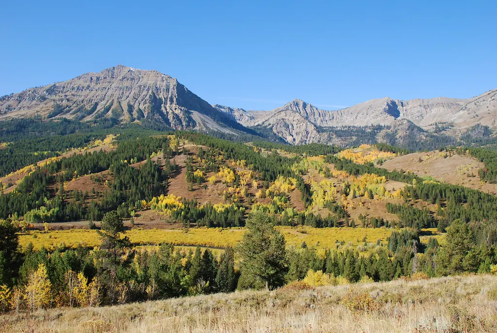 Mountain range with rocky peaks, green and yellow autumn trees on forested hills under a clear blue sky.