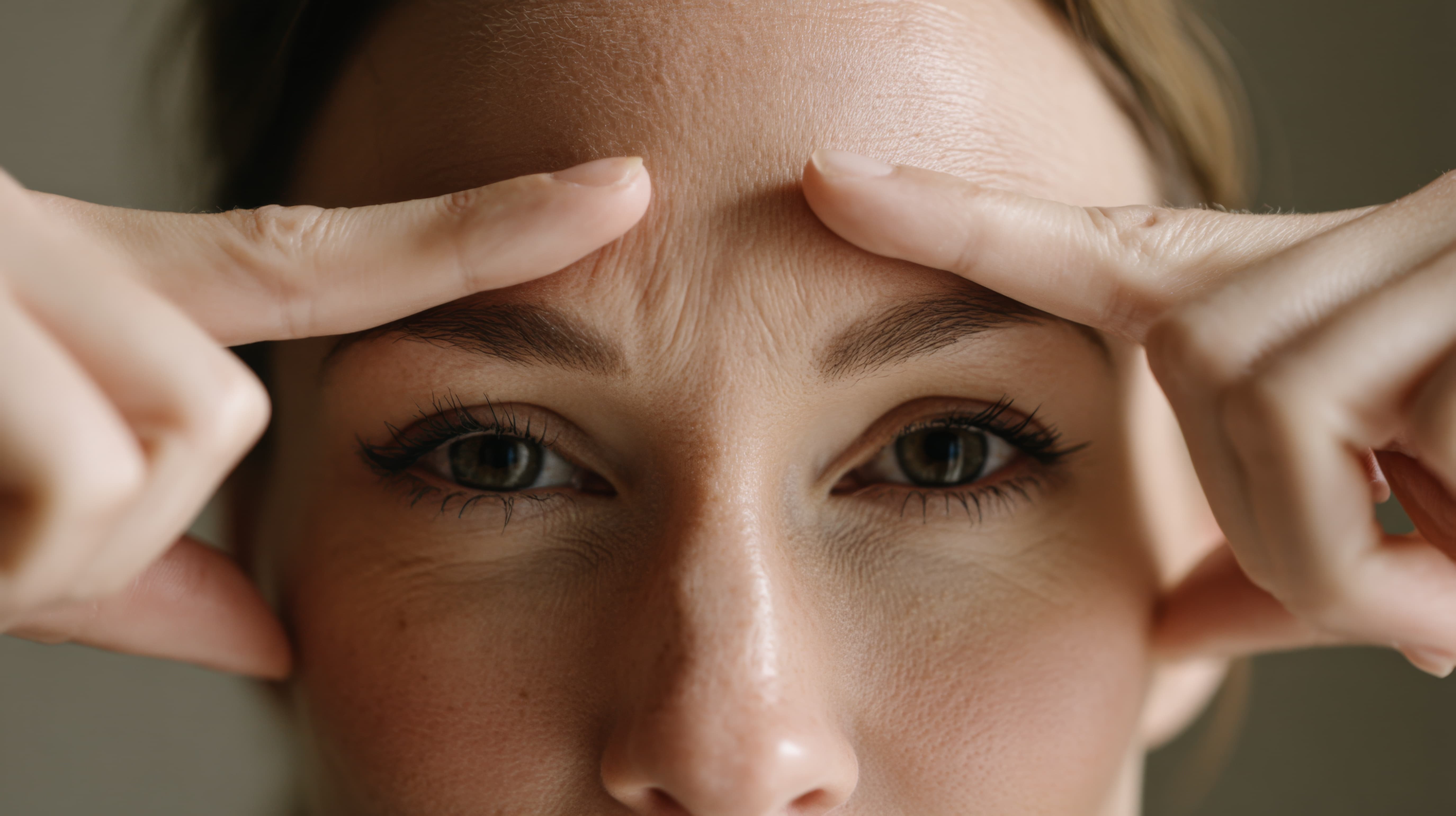 A close up of a person touching their forehead.