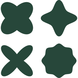 Four dark green abstract shapes arranged in a 2x2 grid on a light background.