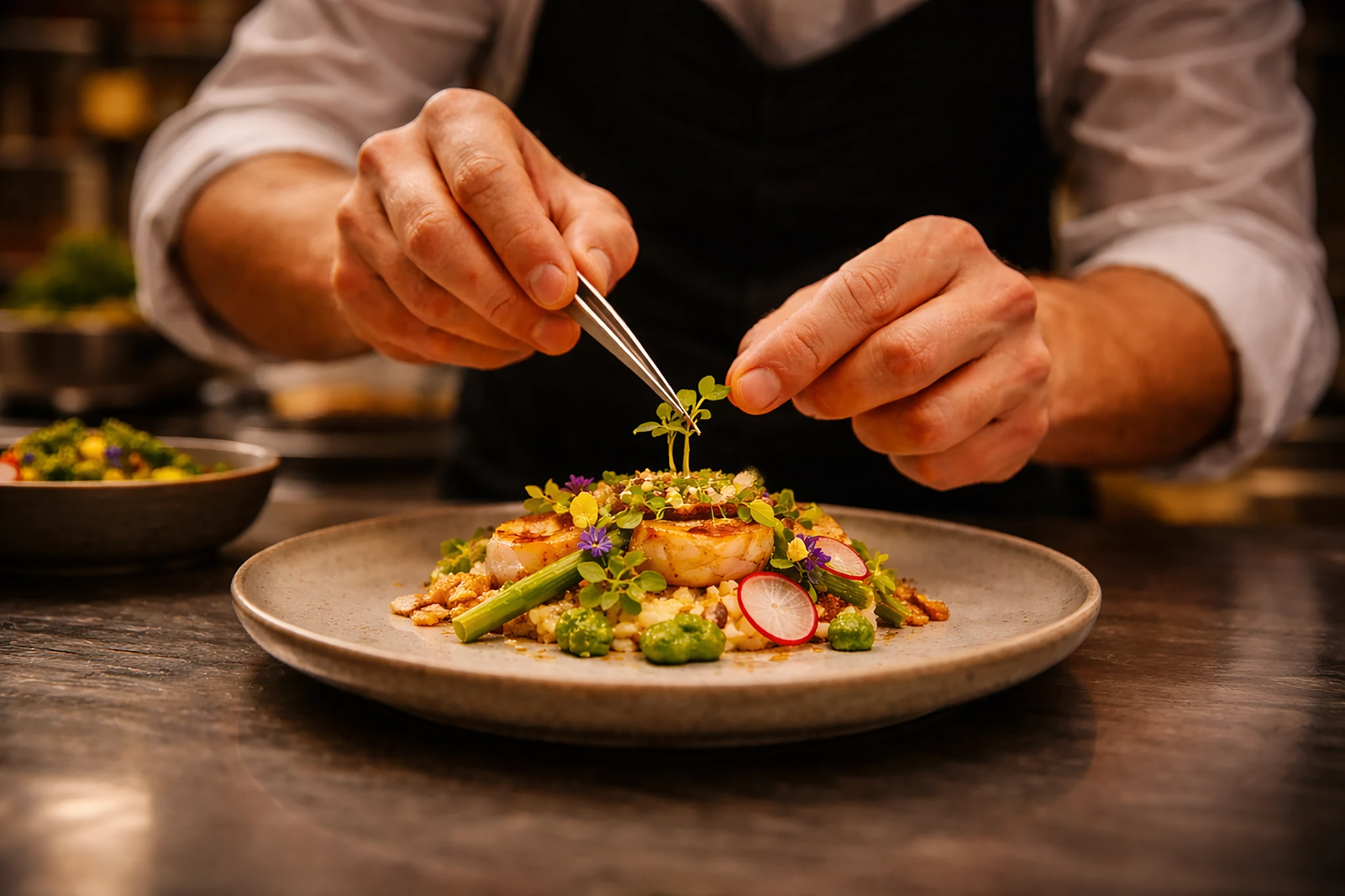 Chef's hands garnishing a plated dish with microgreens and edible flowers, including scallops, asparagus, radish slices, and green peas.