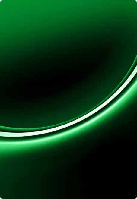 Abstract dark green background with glowing curved light streaks.