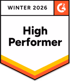 G2 badge for Winter 2026 recognizing High Performer status with layered yellow, orange, and red chevron at the bottom.