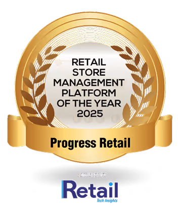 Gold medal with laurel wreath reading 'Retail Store Management Platform of the Year 2025' awarded to Progress Retail by Retail Tech Insights.