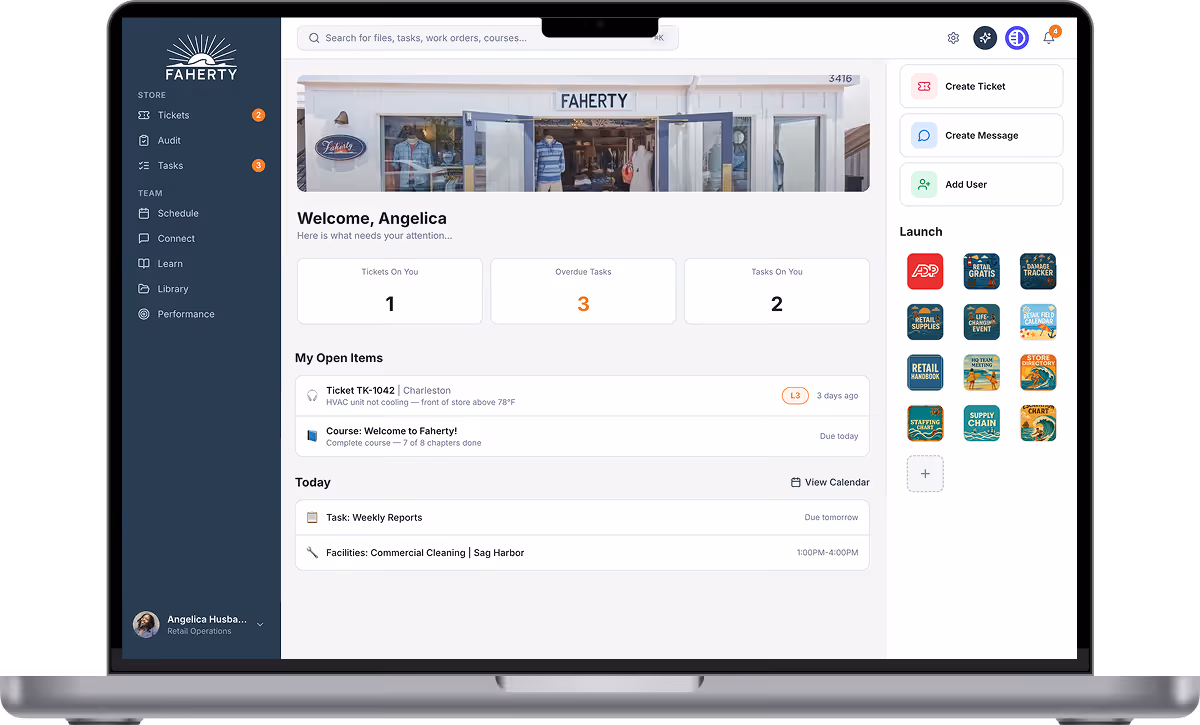 Laptop screen showing Faherty retail operations dashboard with tickets, tasks, and open items for user Angelica.