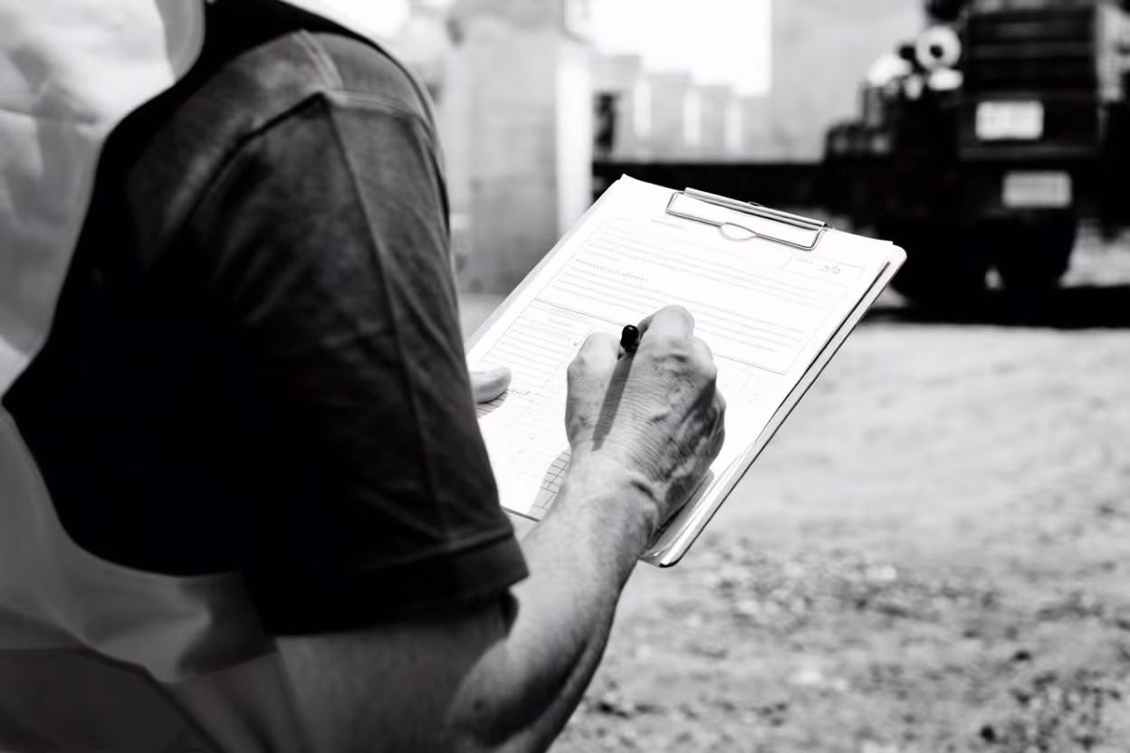 Person wearing a safety vest writing on a clipboard at an industrial or construction site.