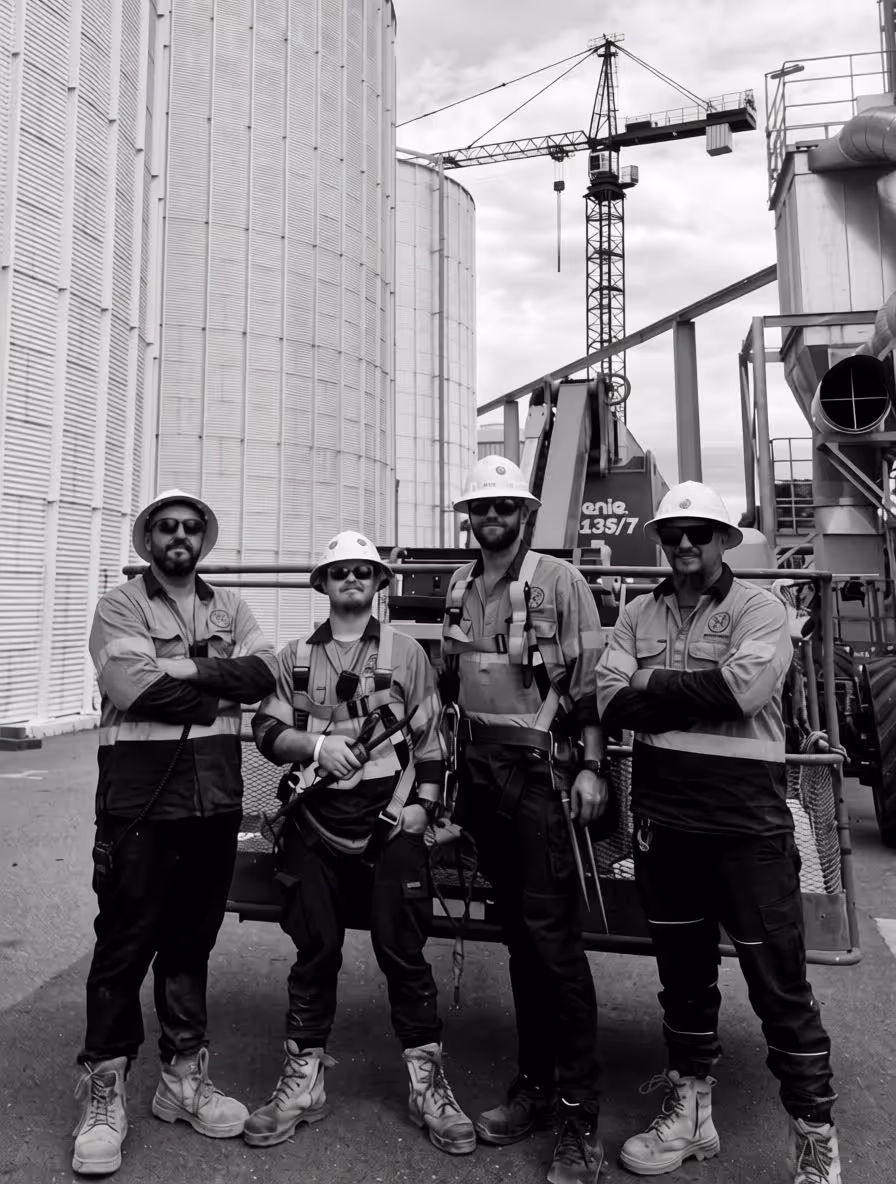 Four industrial workers in safety helmets, sunglasses, and workwear standing in front of large storage tanks and industrial equipment.