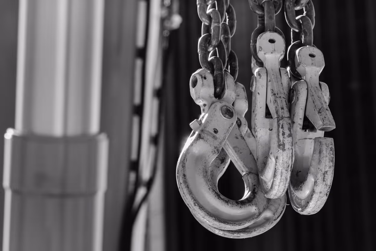 Close-up of three heavy-duty metal hooks attached to chains, used for lifting.