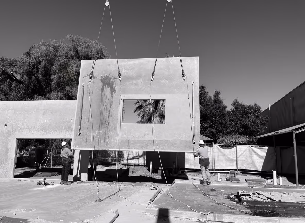 Two construction workers guiding a large precast concrete wall panel with a window opening suspended by cables at a construction site.