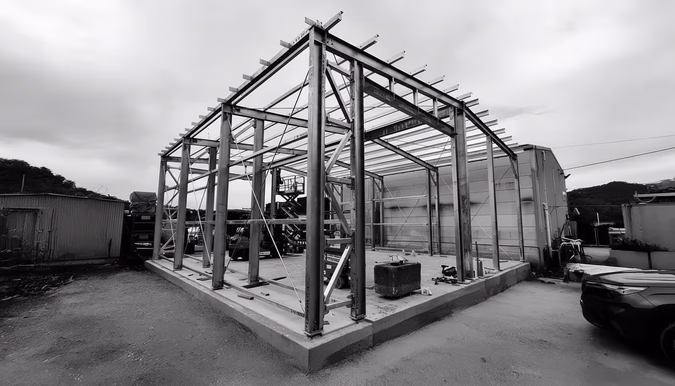 Metal framework structure under construction on concrete base with construction equipment around.