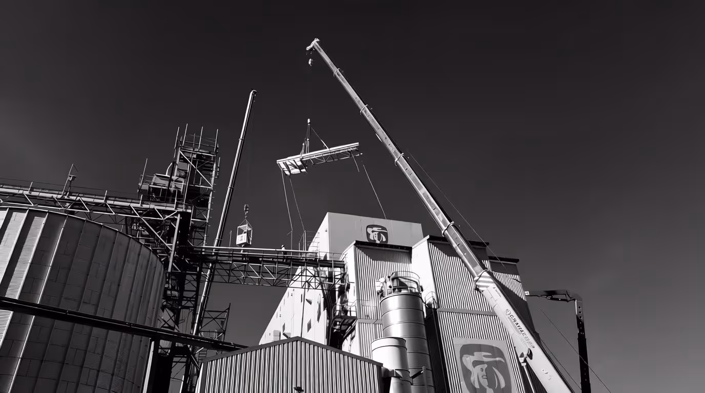 Two cranes lifting large metal structures over industrial buildings and silos under a clear sky.