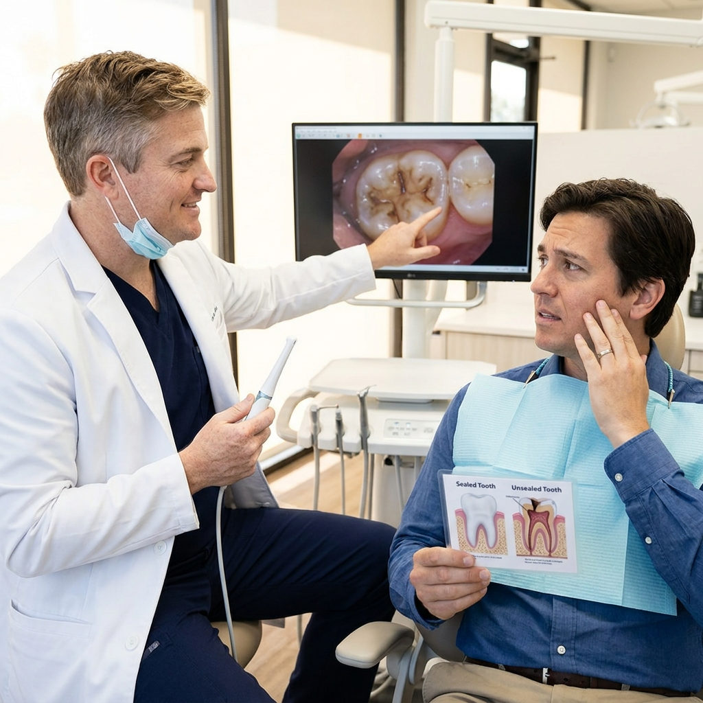 A dentist at Schaar Dental Wellness in Victoria, TX shows a patient deep tooth grooves on a monitor to discuss sealants.