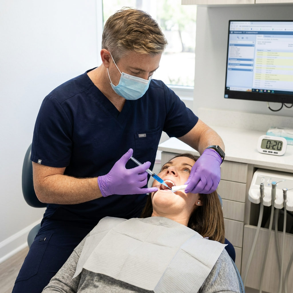 A Schaar Dental Wellness dentist in Victoria, TX applies blue etching gel to a patient tooth for a dental sealant.