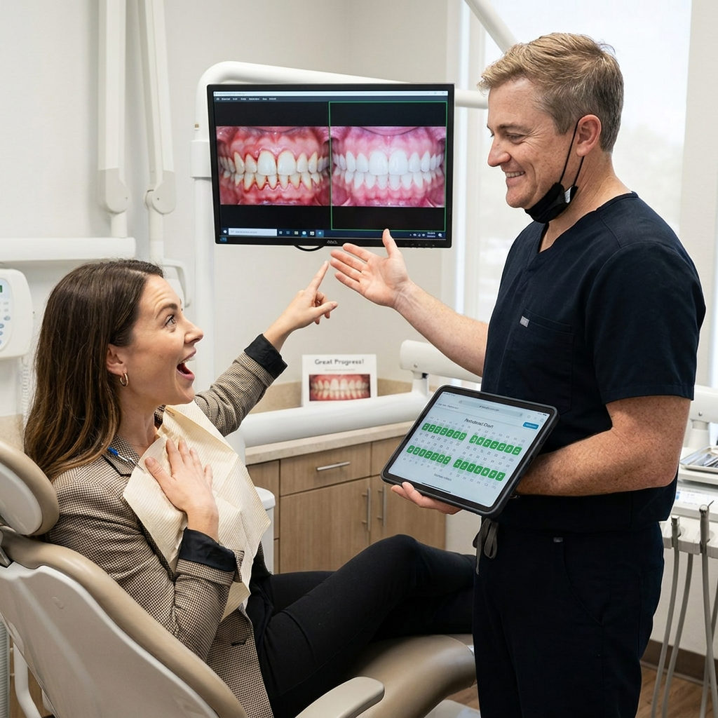 A Schaar Dental Wellness dentist in Victoria, TX shows a patient healthy gum comparison photos on a monitor during a review.