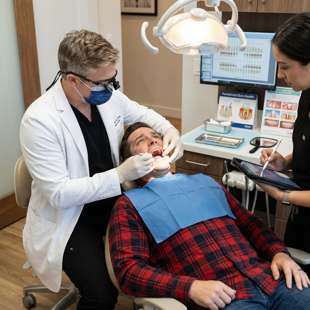 A Victoria, TX dentist performs a gum health exam at Schaar Dental Wellness while an assistant records the clinical data.