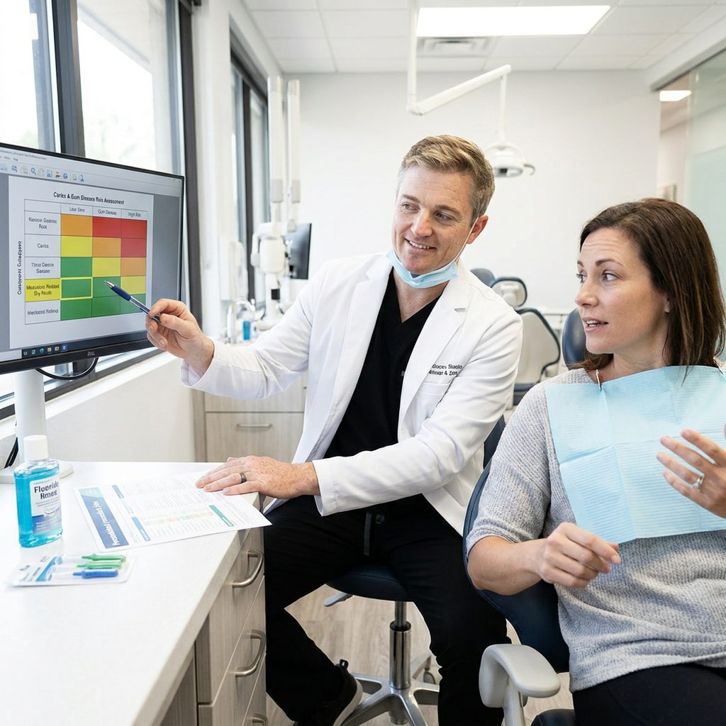 A Schaar Dental Wellness dentist in Victoria, TX reviews a digital risk assessment with a patient during a checkup.