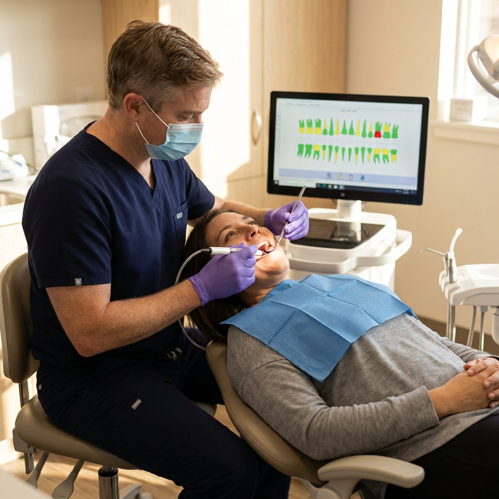 A Victoria dentist at Schaar Dental Wellness uses a laser cavity detector while the patient views a color coded tooth chart.
