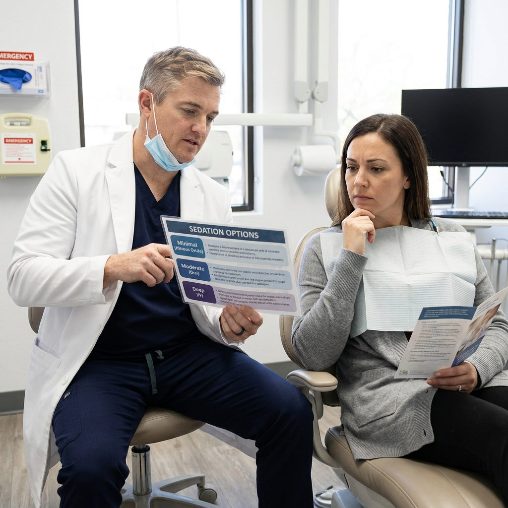 A Victoria dentist at Schaar Dental Wellness explains a sedation options chart to a patient during a consultation.