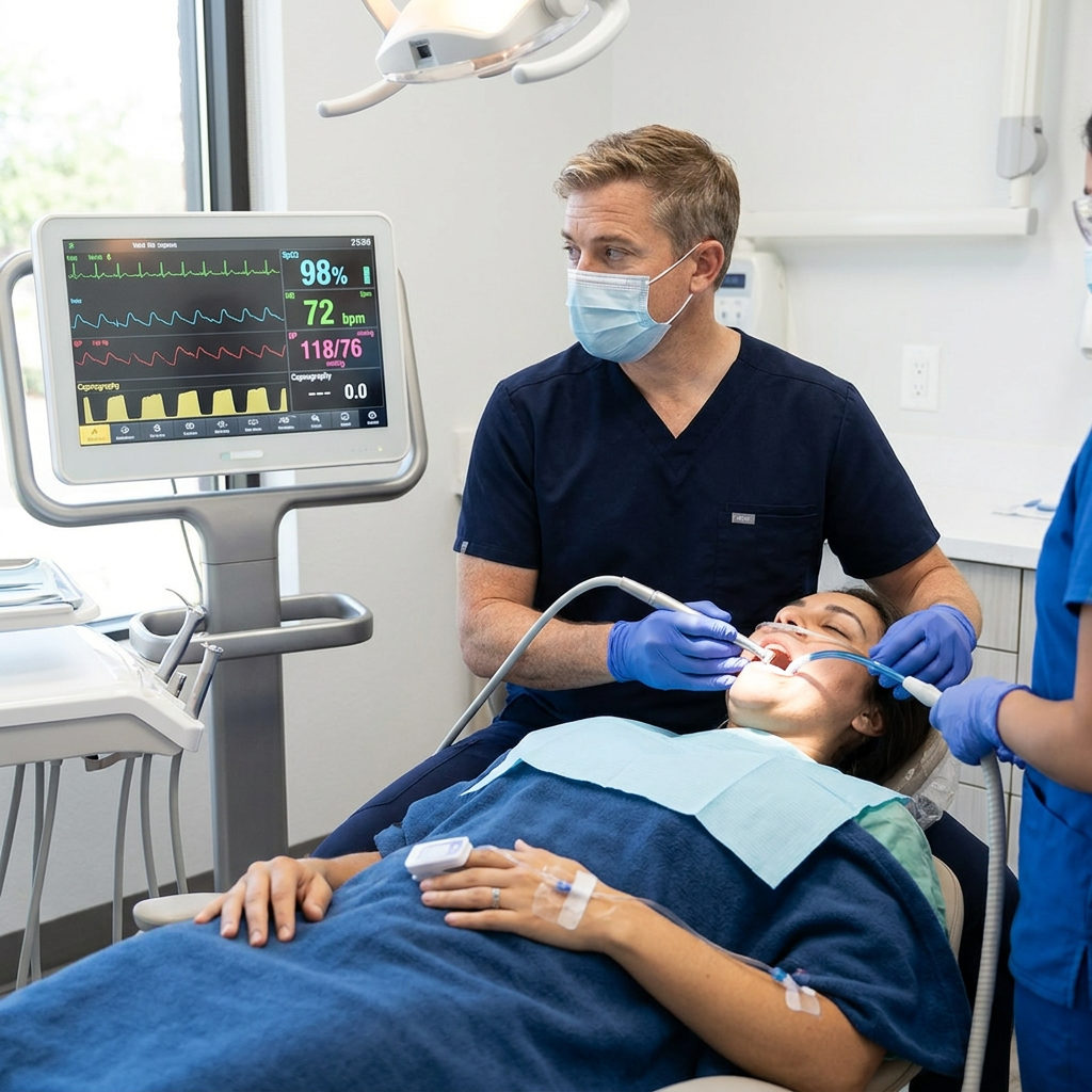 A dentist at Schaar Dental Wellness in Victoria, TX monitors vital signs while treating a sedated patient in a clinic.