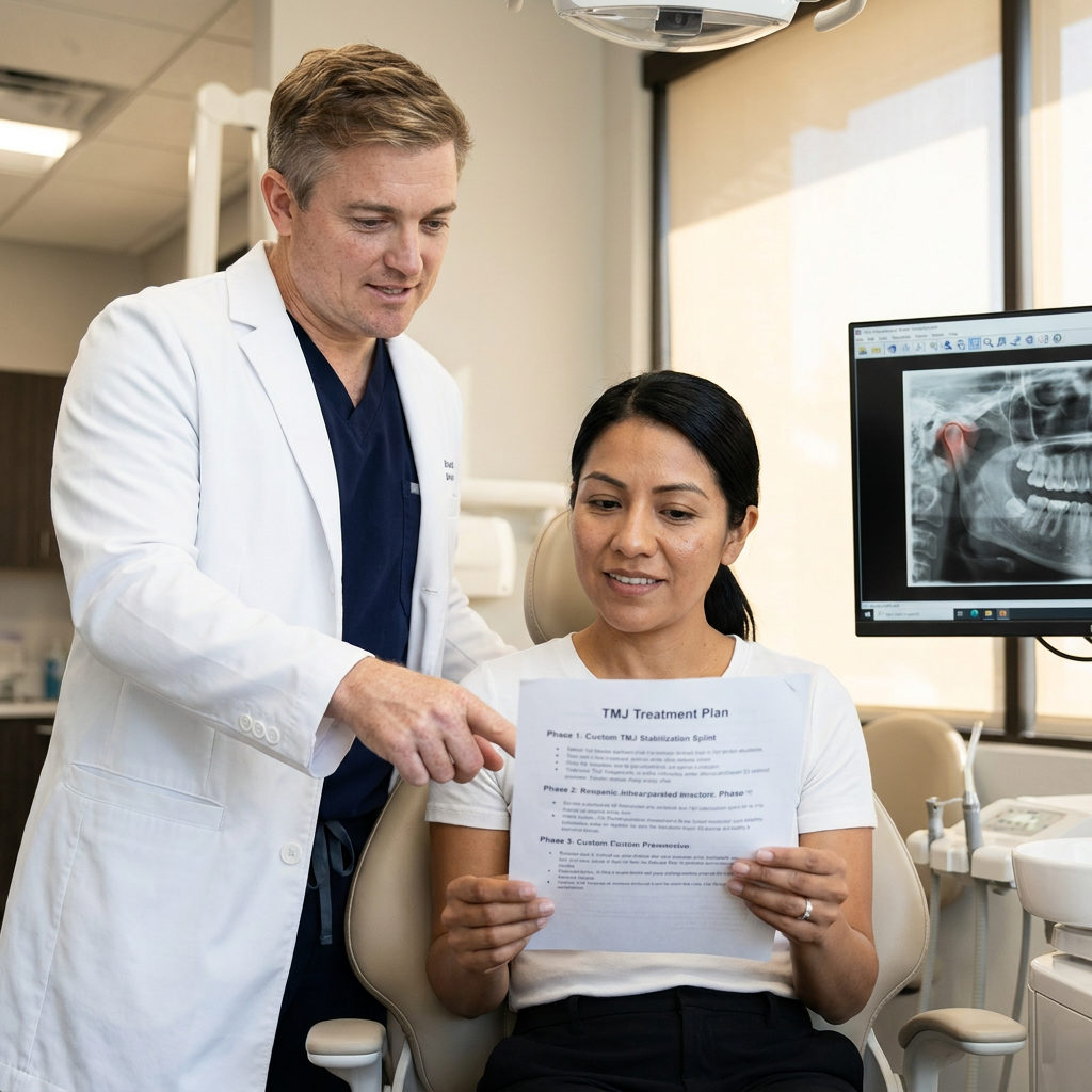 A dentist at Schaar Dental Wellness in Victoria, TX reviews a TMJ treatment plan with a patient in a modern clinic.