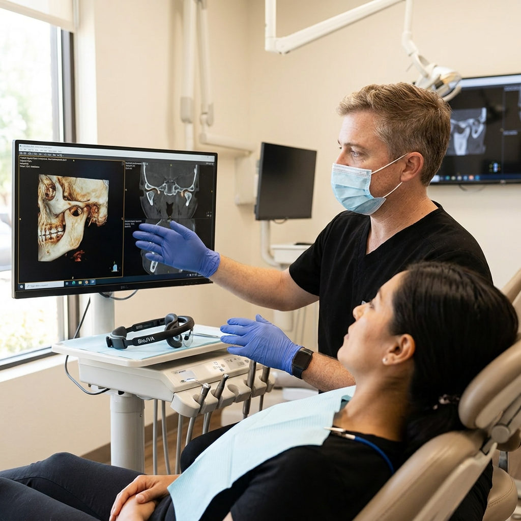 A dentist at Schaar Dental Wellness in Victoria, TX, reviews a 3D TMJ scan on a monitor with a patient.