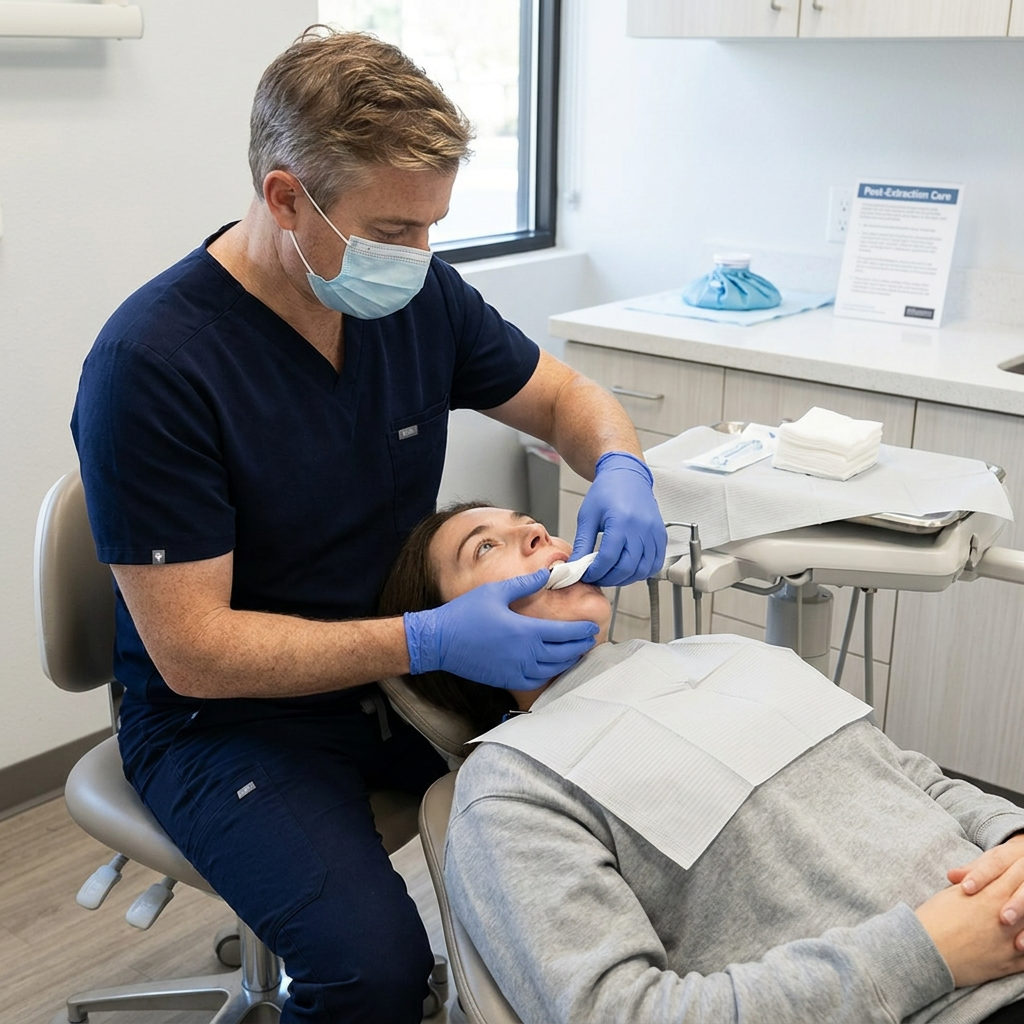 A Schaar Dental Wellness dentist in Victoria, TX, guides a patient to bite down on gauze after a tooth extraction.