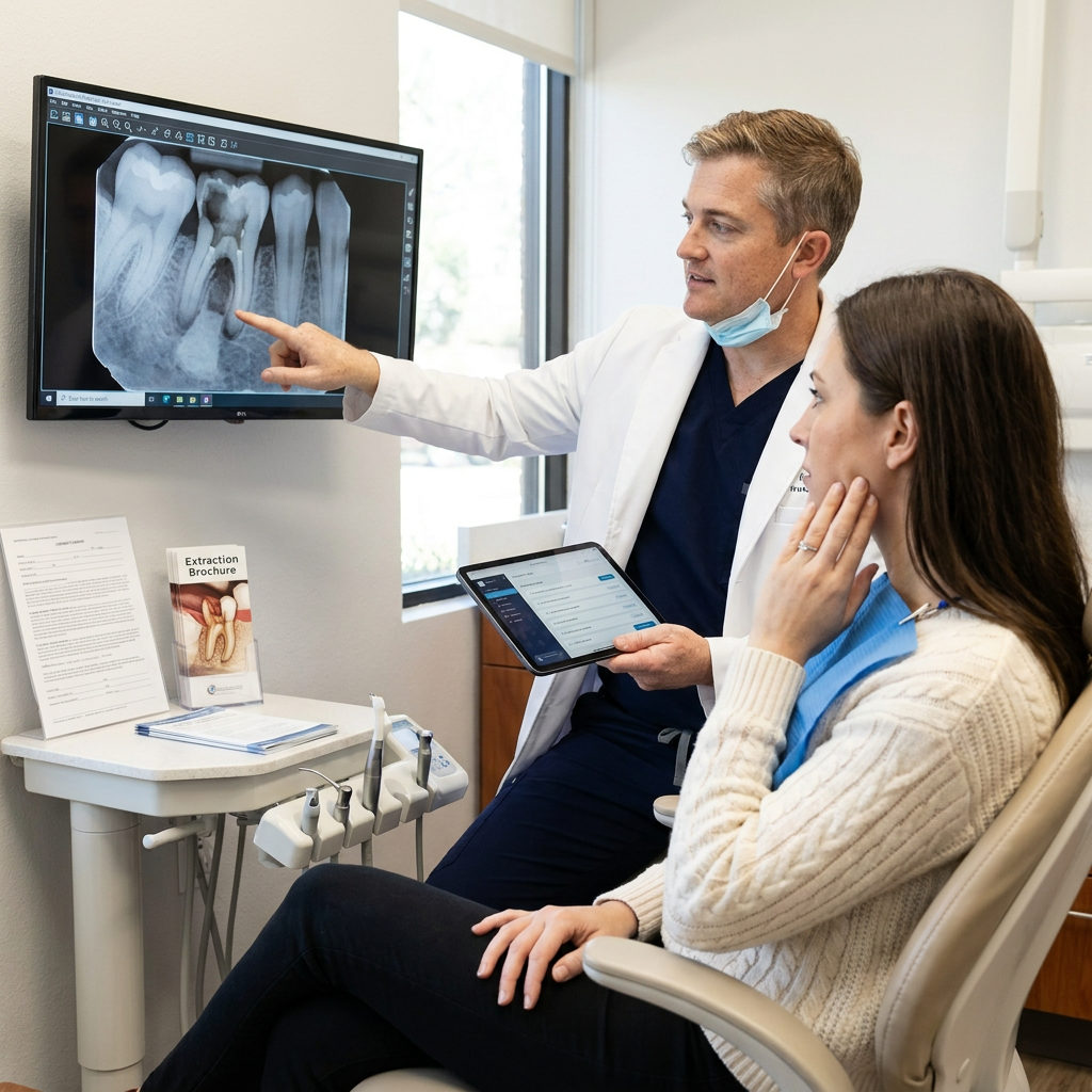A dentist at Schaar Dental Wellness in Victoria, TX reviews a digital x-ray with a patient to discuss tooth extraction.