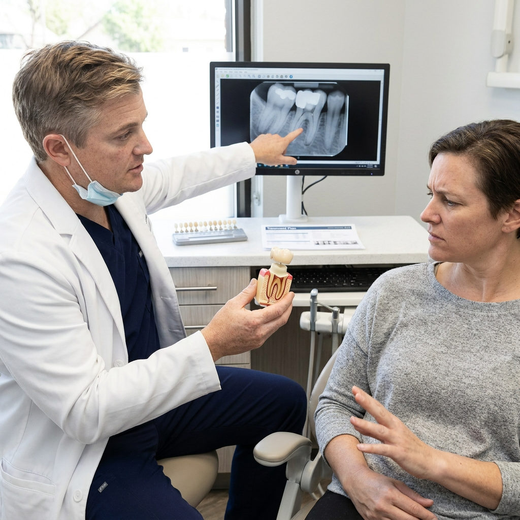 A Schaar Dental Wellness dentist in Victoria, TX uses a tooth model and x-ray to explain a dental crown to a patient.