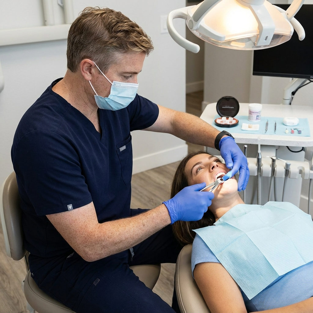 A Schaar Dental Wellness dentist in Victoria, TX, uses blue marking paper to check the bite of a new ceramic molar crown.