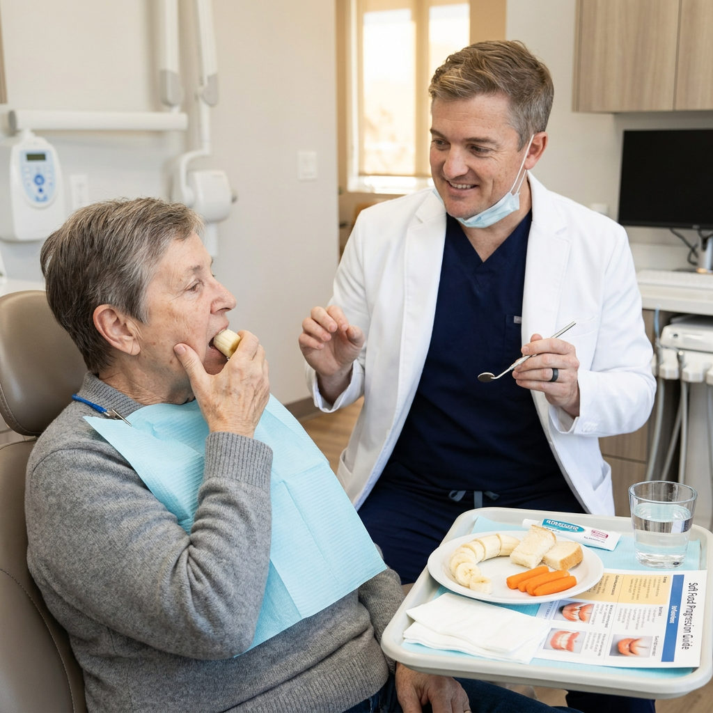 A Schaar Dental Wellness dentist in Victoria, TX, guides a patient as they test their first bite with new dentures.