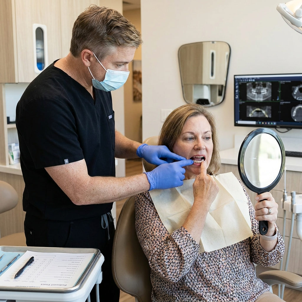A dentist at Schaar Dental Wellness in Victoria, TX, helps a patient evaluate a wax denture try-in using a mirror.