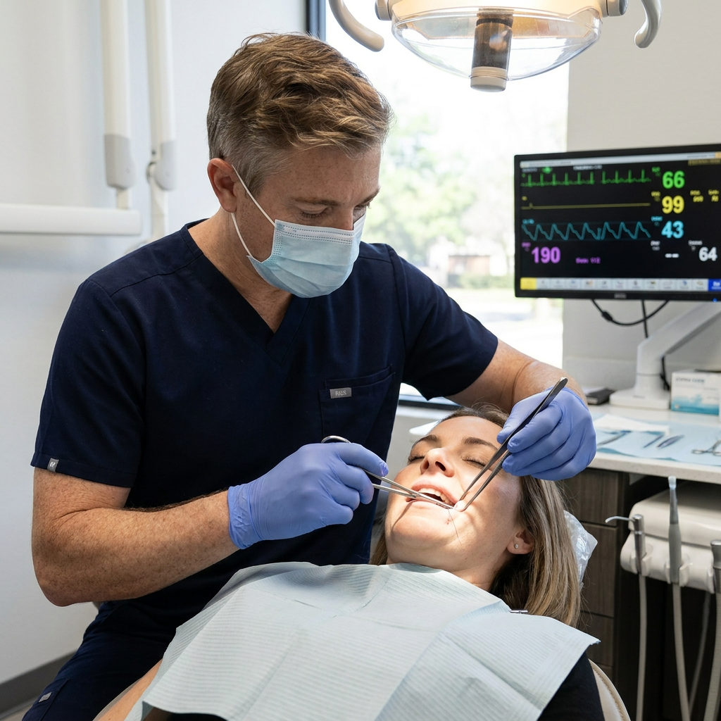 A dentist at Schaar Dental Wellness in Victoria, TX, uses precision tools during an oral surgery procedure.