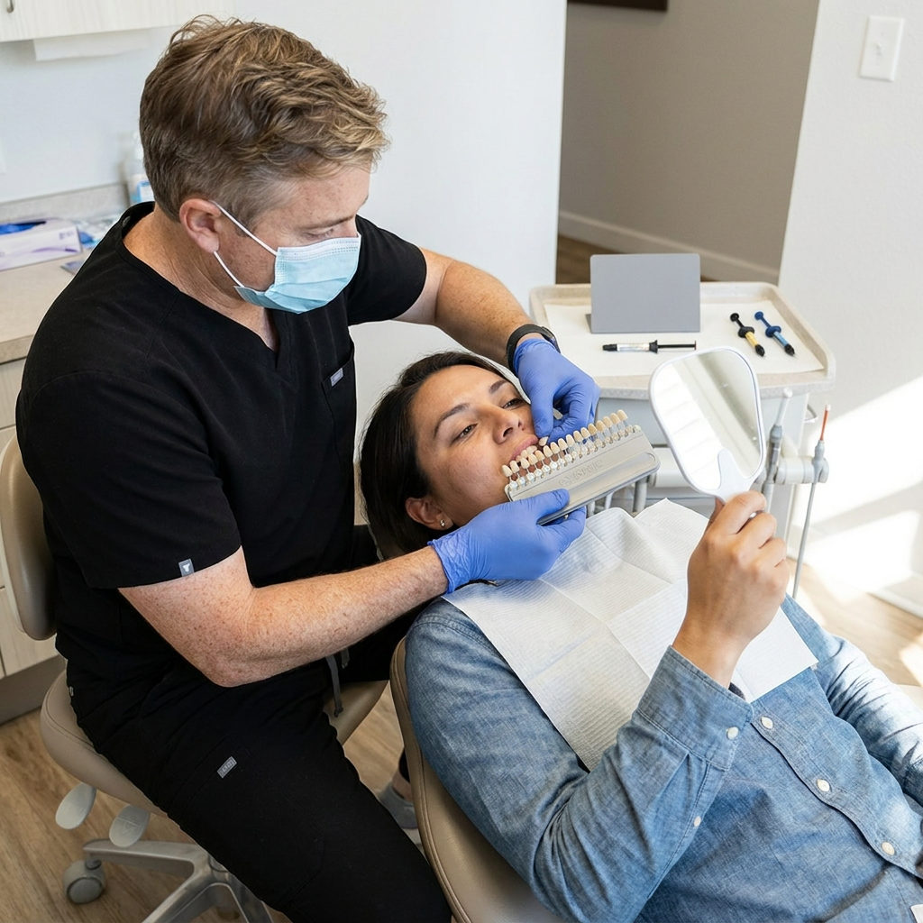 A Schaar Dental Wellness provider in Victoria uses a shade guide to match a composite filling to a patient's natural tooth.