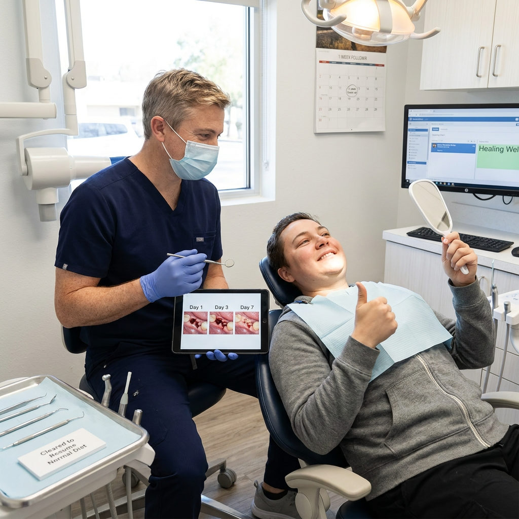 A Schaar Dental Wellness dentist in Victoria, TX, uses a tablet to show a healing guide to a smiling follow-up patient.
