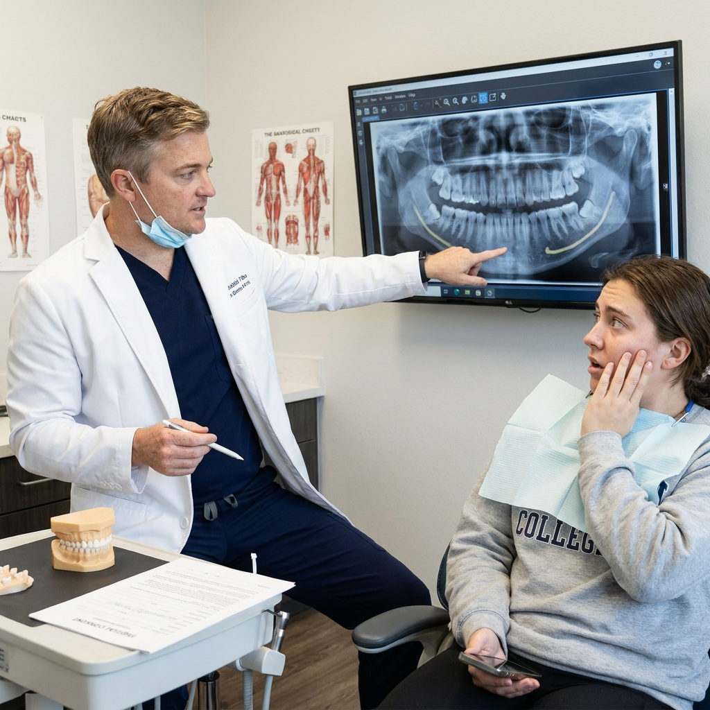 A Victoria dentist at Schaar Dental Wellness explains an impacted wisdom tooth x-ray to a patient during a consultation.