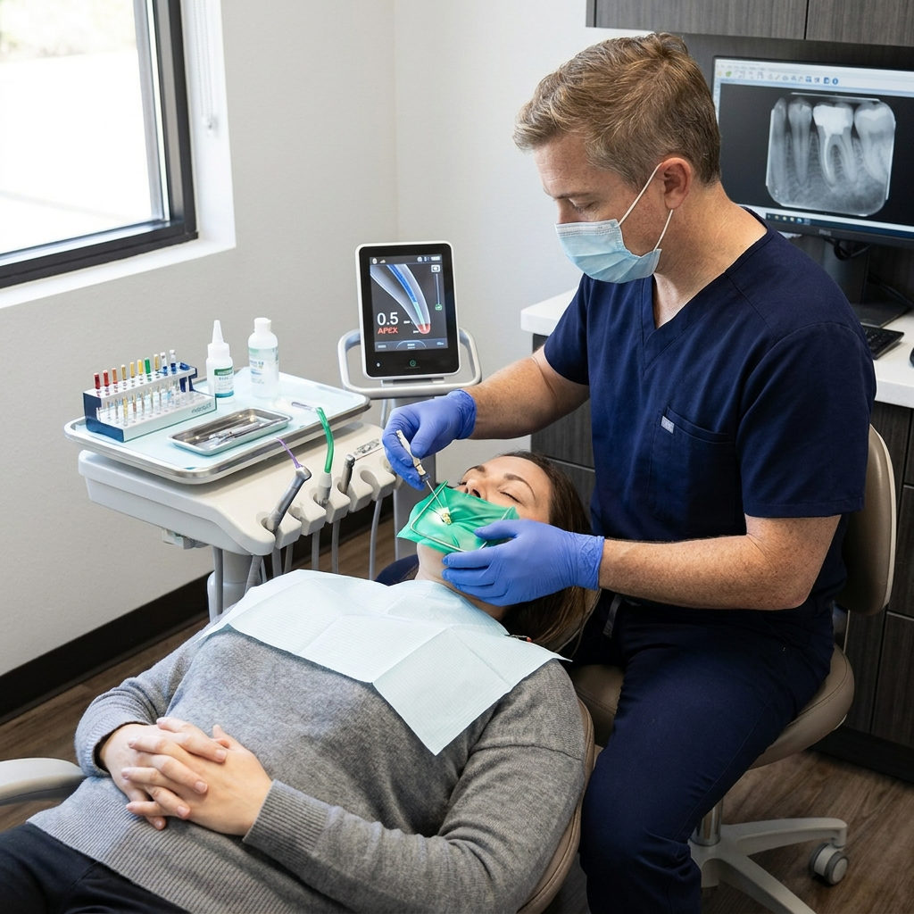 A Victoria dentist at Schaar Dental Wellness uses an apex locator to perform root canal therapy on a reclining patient.