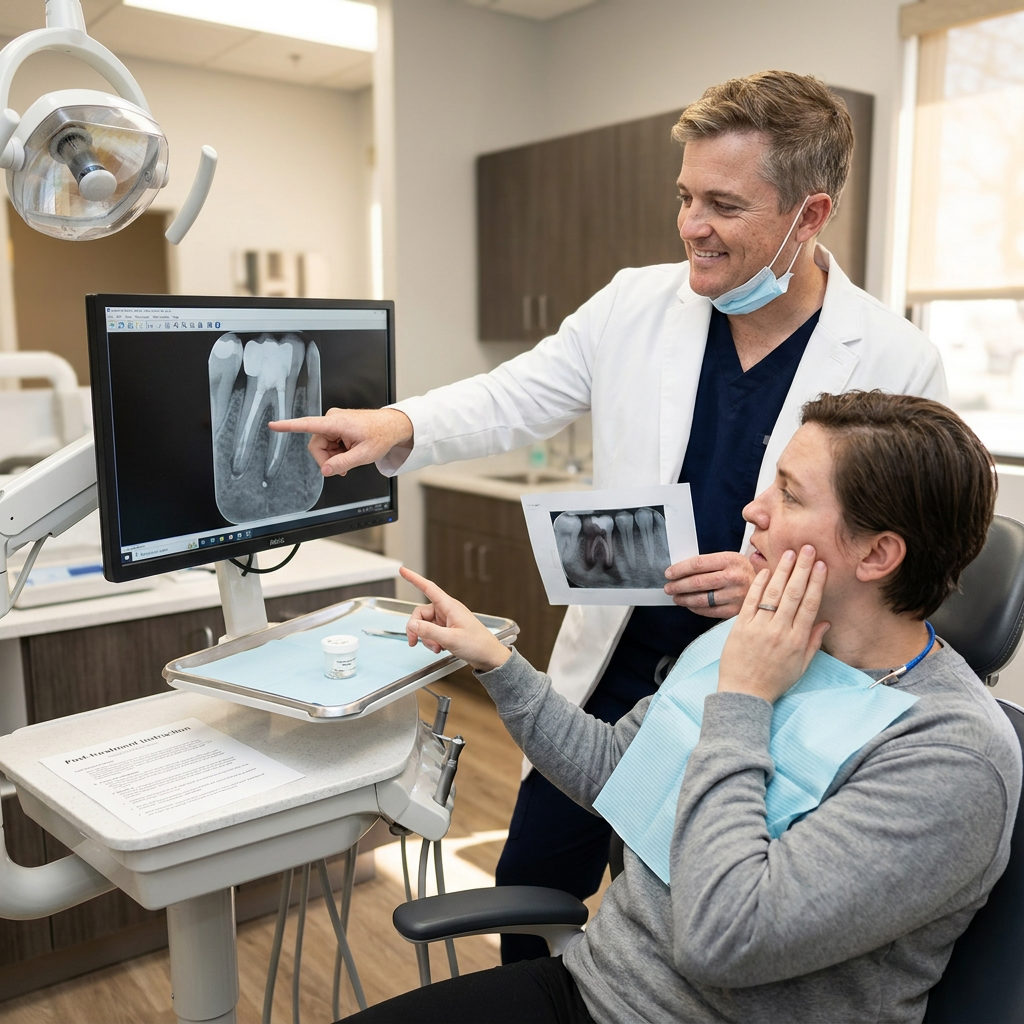 A Schaar Dental Wellness dentist in Victoria, TX shows a patient their completed root canal results on a digital x-ray.