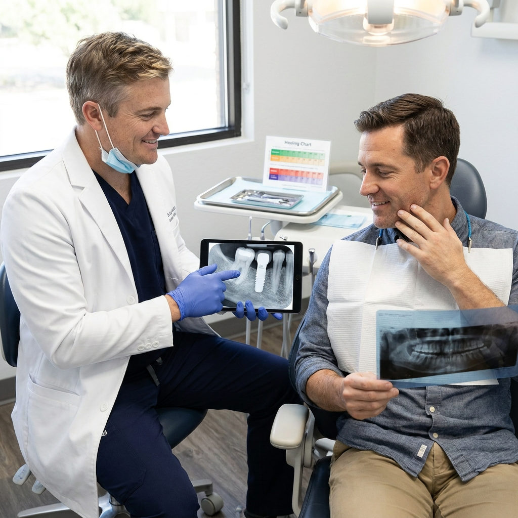 A Schaar Dental Wellness dentist in Victoria, TX shows a patient an x-ray of a healing dental implant on a tablet.