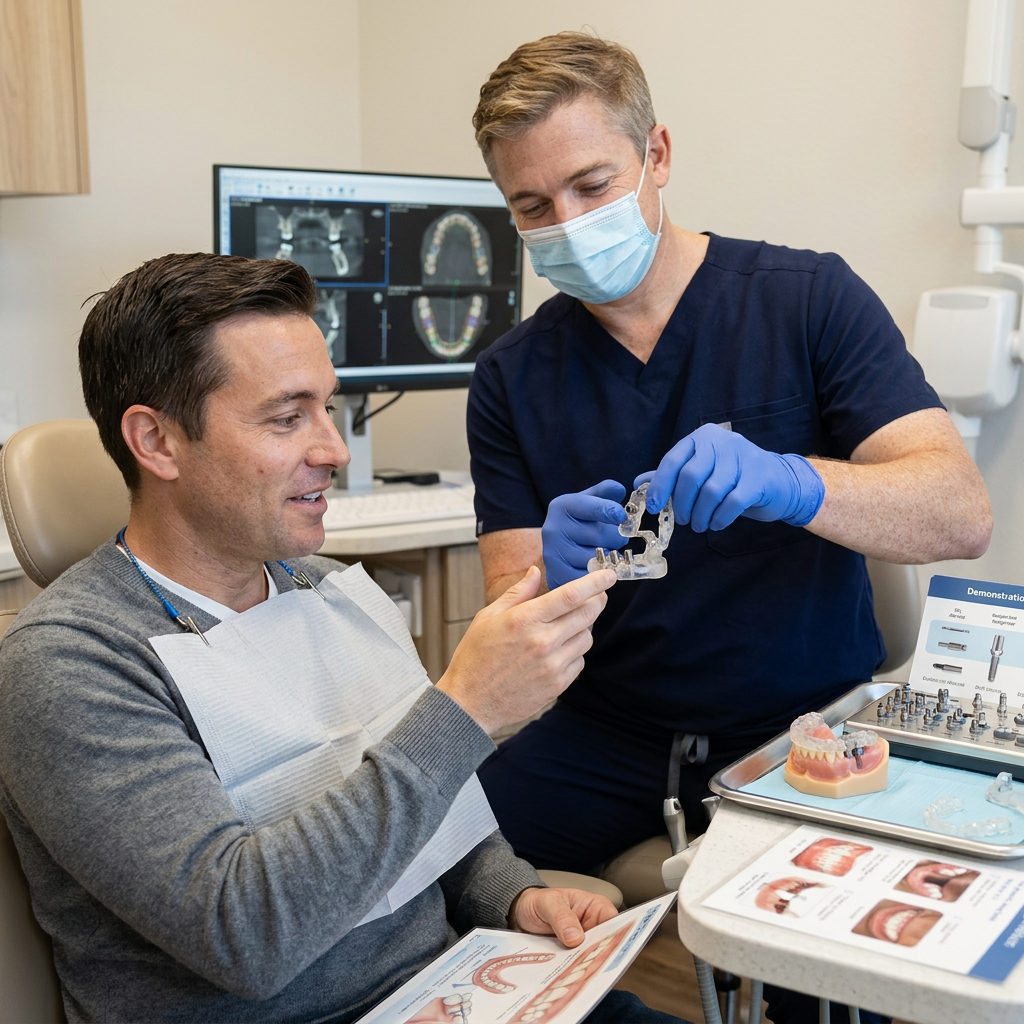 A Schaar Dental Wellness dentist in Victoria, TX shows a patient a 3D-printed surgical guide for implant placement.