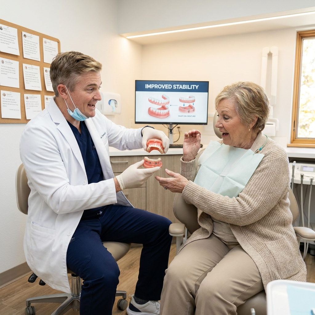 A Schaar Dental Wellness dentist in Victoria, TX uses jaw models to show a patient the stability of a snap-on denture.