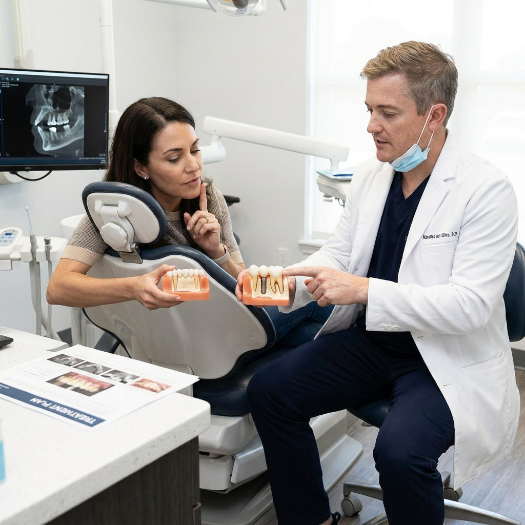 A Schaar Dental Wellness dentist in Victoria, TX, uses models to show a patient how implant bridges protect natural teeth.