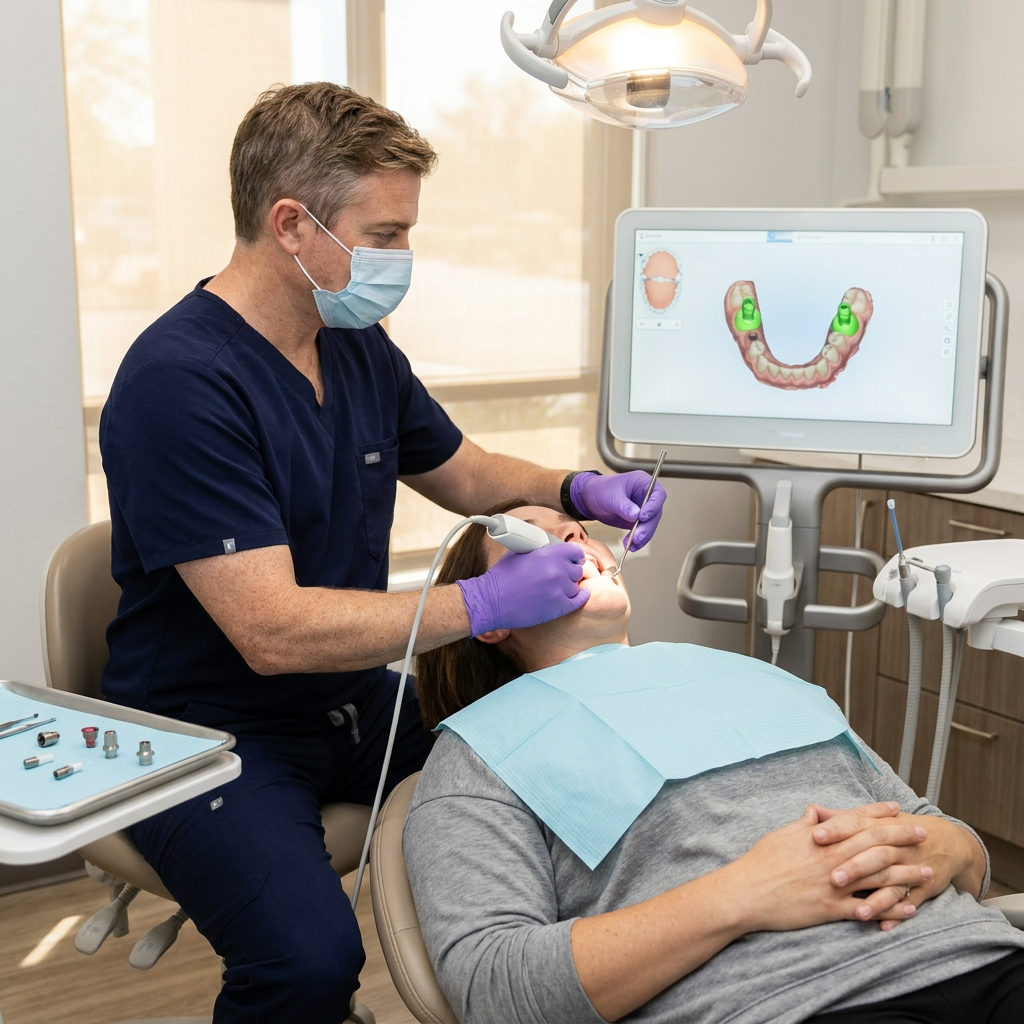 A Schaar Dental Wellness dentist in Victoria, TX uses an intraoral scanner to capture a digital model on a monitor.