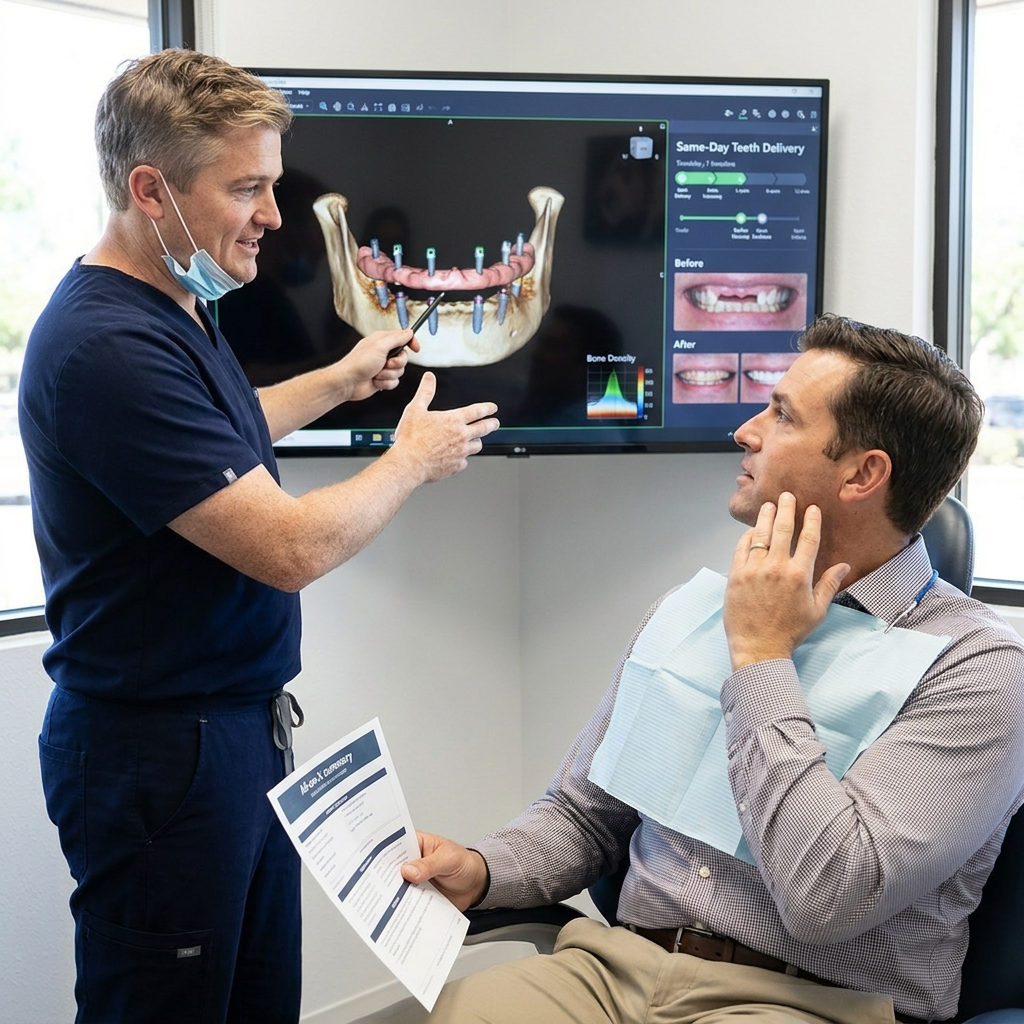 A Victoria, TX dentist at Schaar Dental Wellness explains a 3D digital implant plan on a monitor to a seated patient.