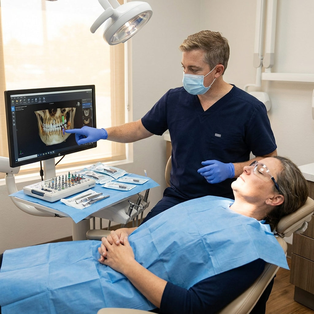 A Schaar Dental Wellness dentist in Victoria, TX reviews a surgical plan on a monitor near a reclined patient.