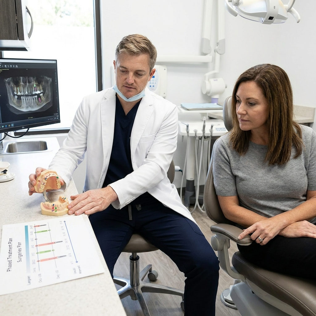 A Schaar Dental Wellness dentist in Victoria, TX, uses arch models and a timeline to explain a staged treatment plan.