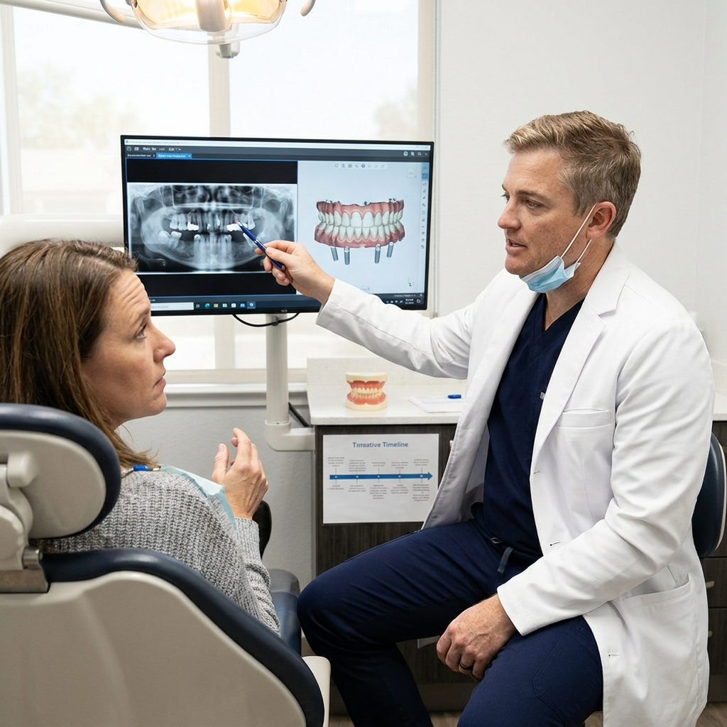 A Schaar Dental Wellness dentist in Victoria, TX, reviews a full-arch digital plan on a monitor with an engaged patient.