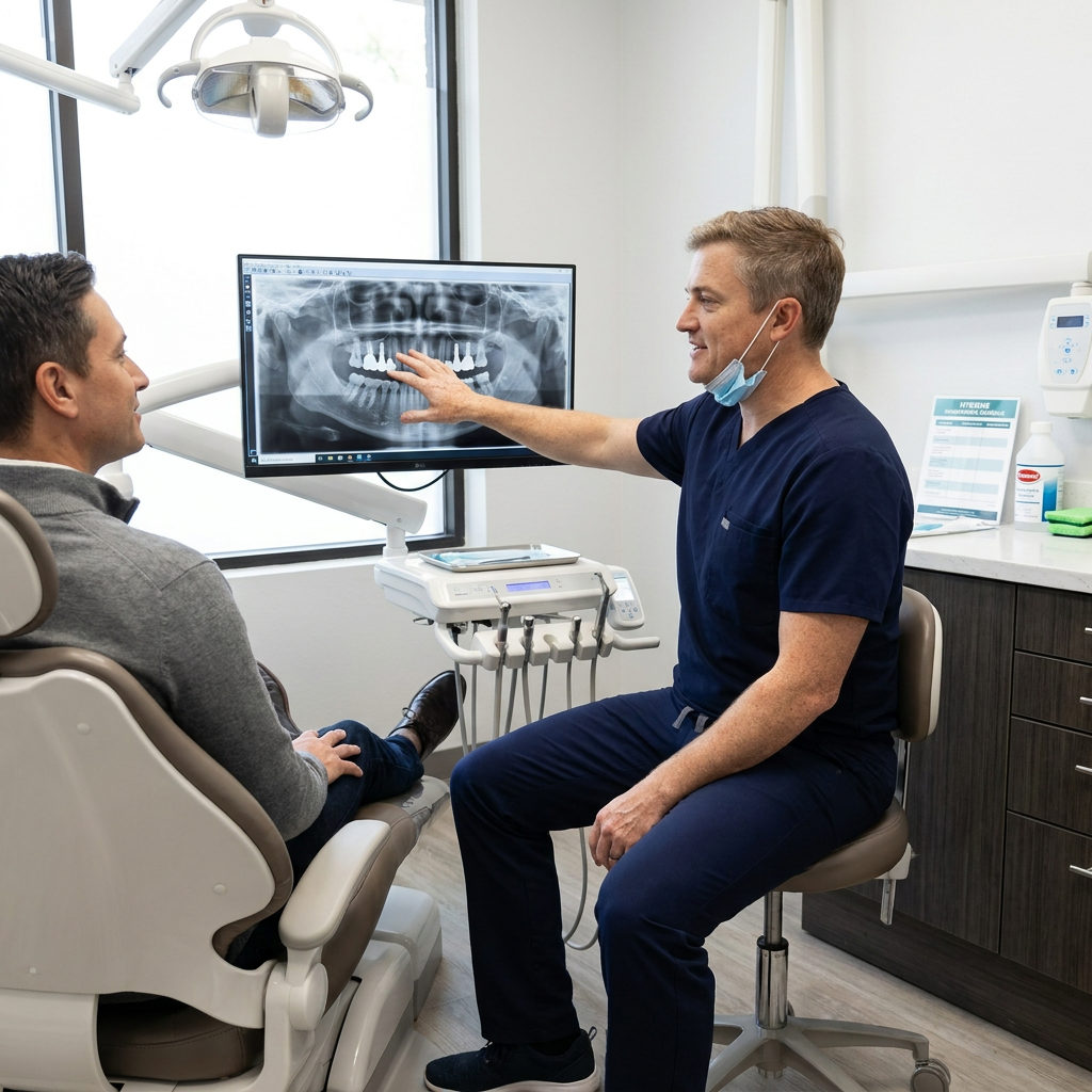 A dentist at Schaar Dental Wellness in Victoria, TX reviews a panoramic x-ray on a monitor with a seated patient.