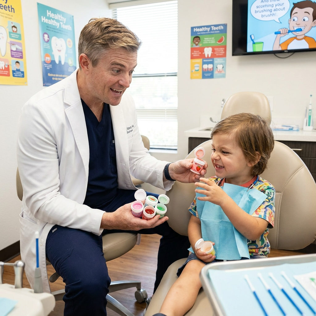 A Schaar Dental Wellness dentist in Victoria, TX lets a young patient smell and choose fluoride varnish flavor samples.