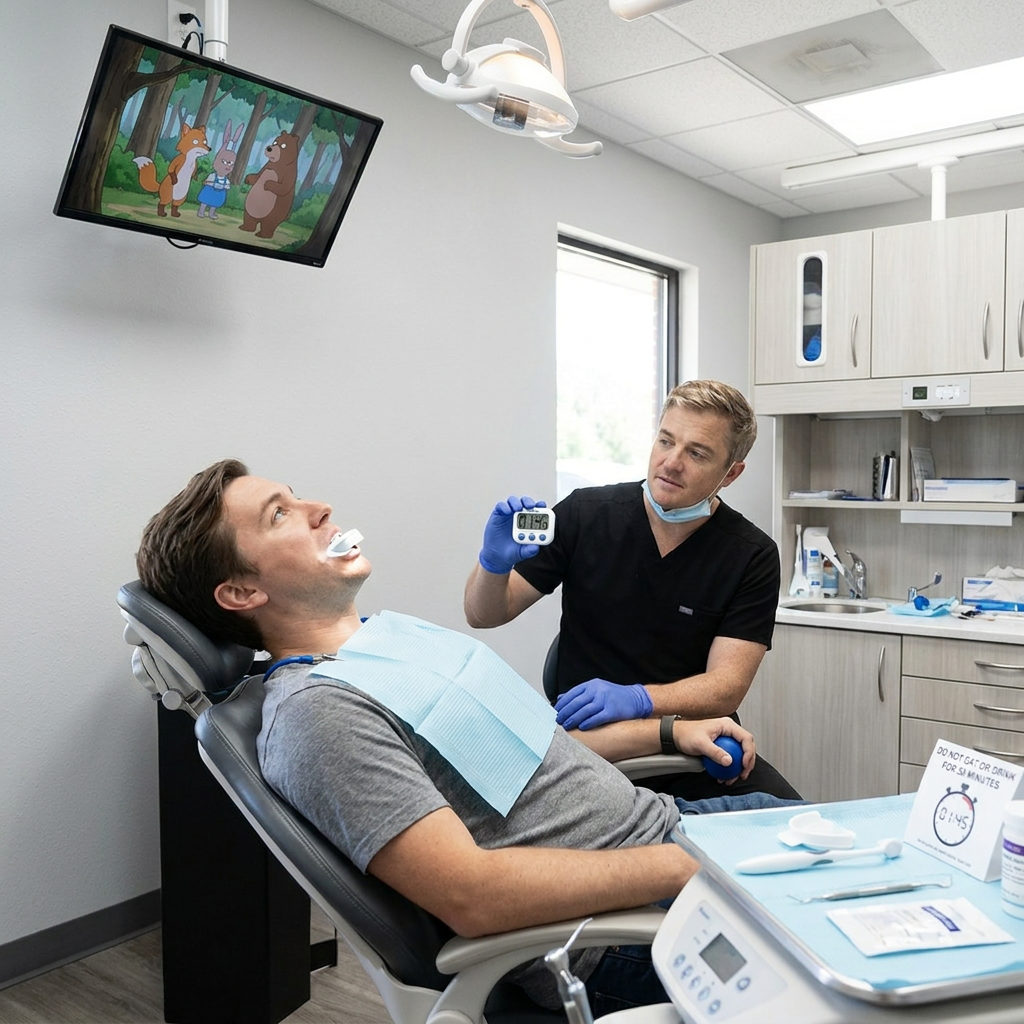 A dentist at Schaar Dental Wellness in Victoria, TX, times a fluoride tray treatment while a patient watches a ceiling screen